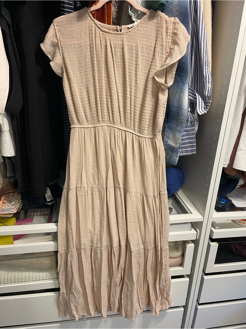Blu Pepper Cream Tiered Maxi Dress with Flutter Sleeves